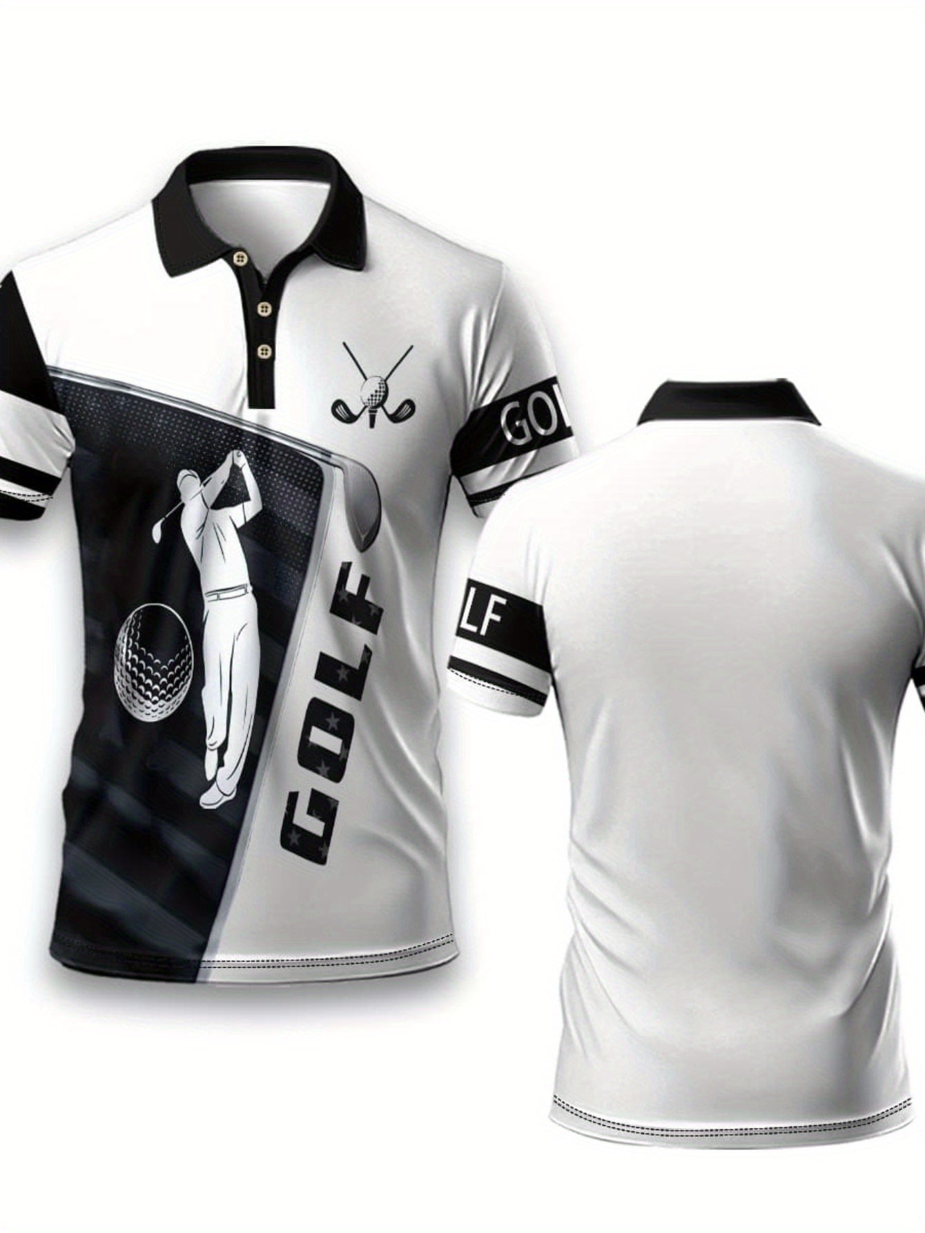Men's Summer Casual Golf Shirt - Breathable Short Sleeve with Golf Club & Ball Graphic Print, Contrast Stripe Collar, Regular Fit for Outdoor Sports & Casual Wear, Golf Shirt, Smooth Texture Fabric