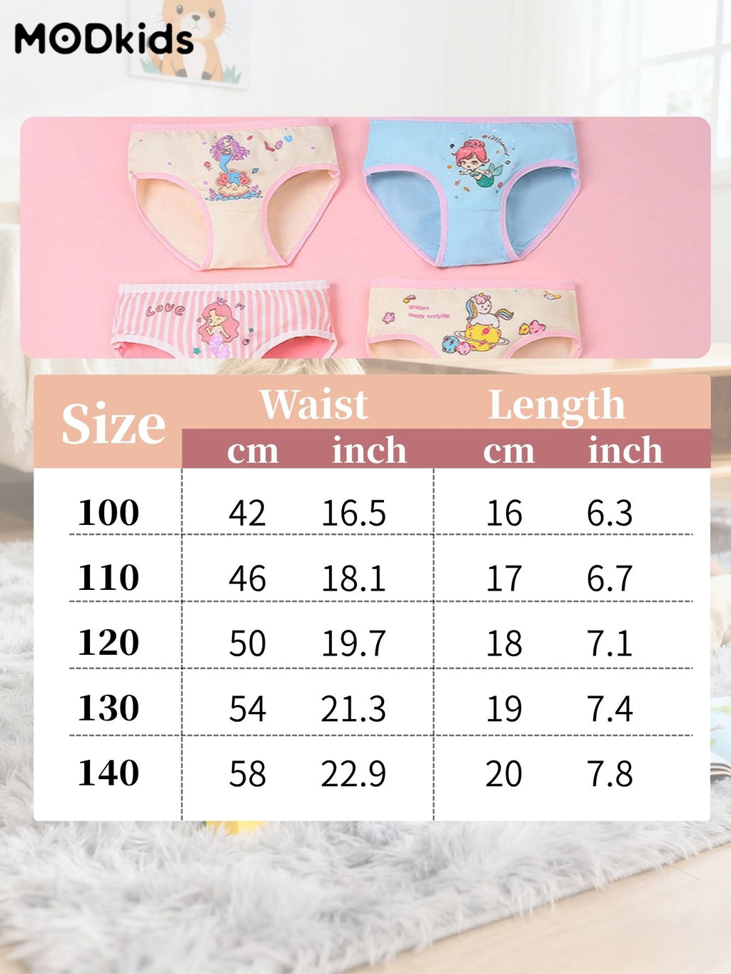 8-Pack Girls' Underwear - Pink Briefs Unicorn & Mermaid Print