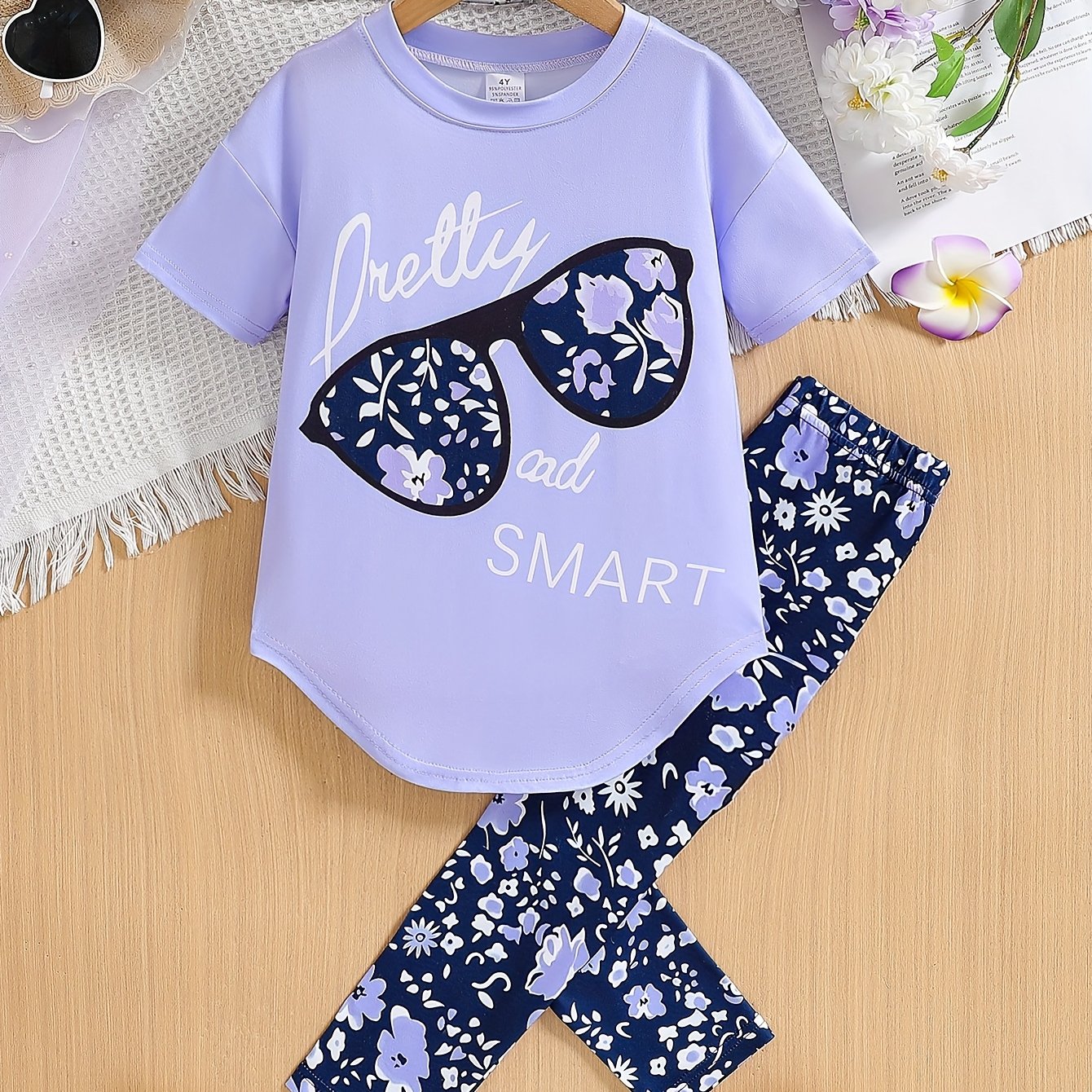 2pcs Girls' Clothing Party Slogan Large Glasses Print Pattern Drop Shoulder Irregular Hem Design Loose Short Sleeve T-Shirt + Floral Print Skinny Nine-Tenths Bottoms Set Girls' Summer Outfit Holiday Gift Girls' Fashion Casual - The Superior Findings Depot