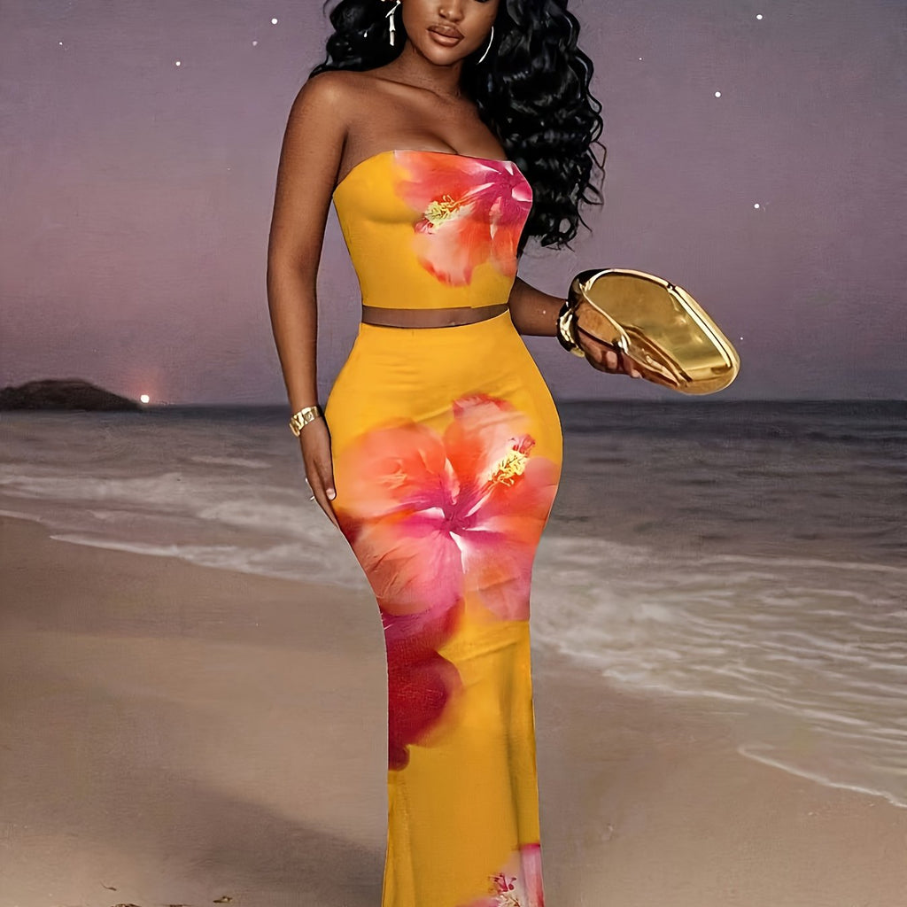 Women'S Elegant Off-Shoulder Floral Print Maxi Skirt Set - Vibrant Yellow with Pink & Orange Flowers, High-Waisted, Flowy Design, Perfect for Beach or Summer Outings, Beach Attire|Floral Print Skirt|Backless Skirt - The Superior Findings Depot