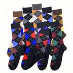 5pairs Men's Cotton Argyle Color Block Soft Crew Socks, Men's Business Socks, Multicolor Set - The Superior Findings Depot