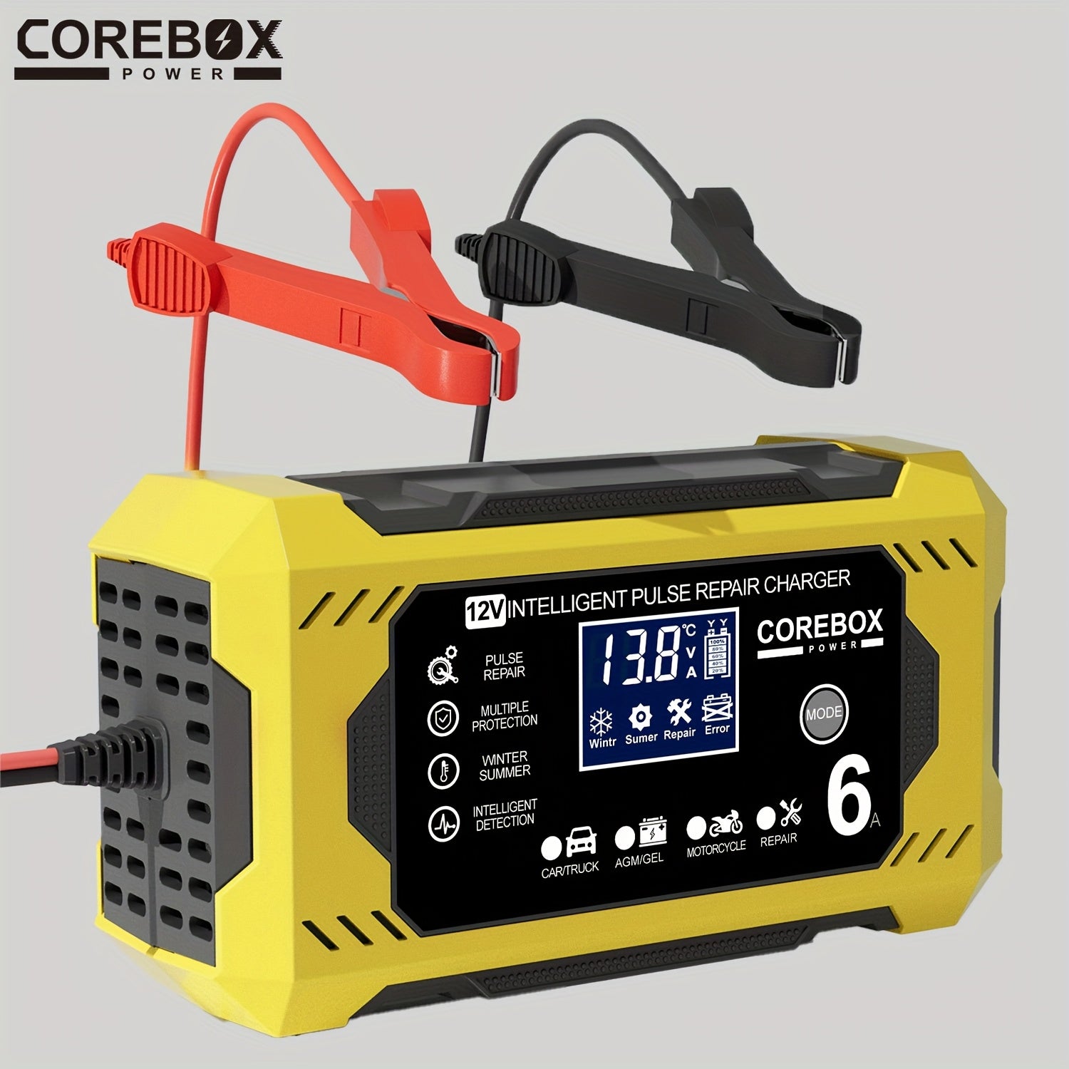 COREBOX 12V 6A Smart Battery Charger with LCD Display, 12V 6A Fast/Trickle Charger, Overcharge/Overheat/Short Circuit/Reverse Polarity, Automatic Switch Mode, Microprocessor Controlled, Compatible with AGM/GEL/SLA/Wet/EFB, 4- - The Superior Findings Depot
