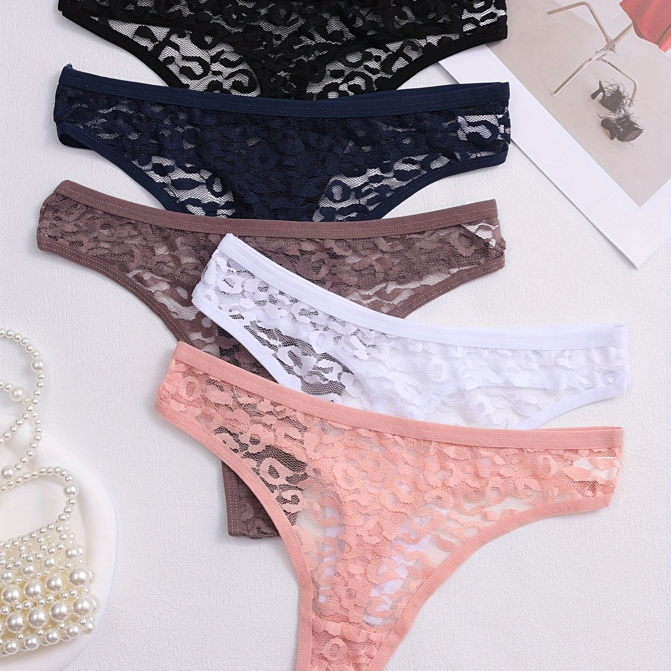 5pcs for Women, Mid-Rise, Transparent Floral Design, Sexy Lingerie, Breathable Underwear In - The Superior Findings Depot
