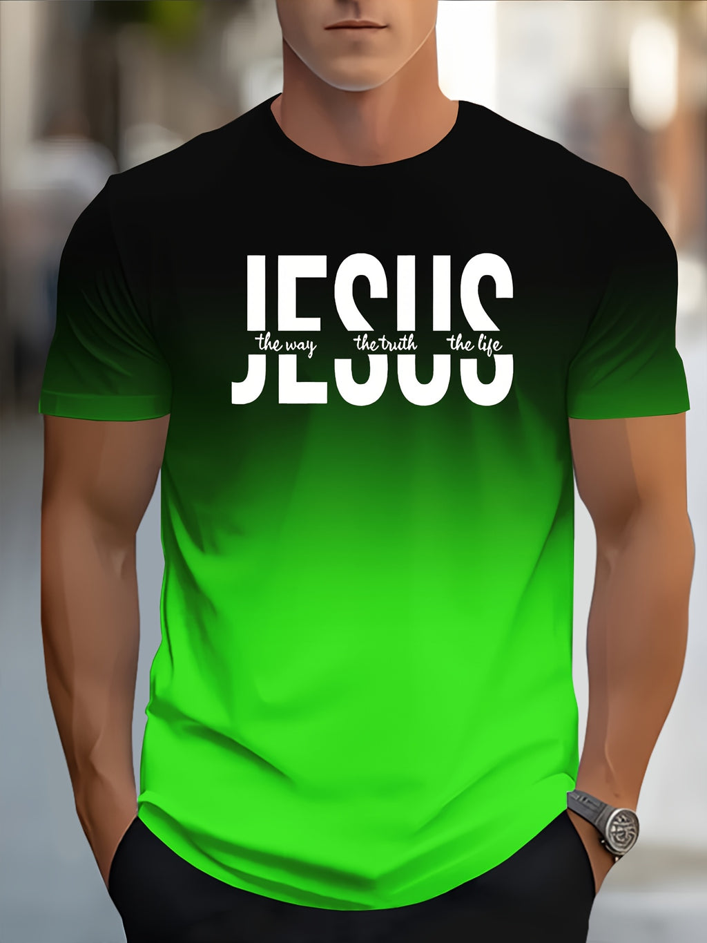 Men's Short Sleeve T-Shirt with Bold "JESUS THE WAY TRUTH LIFE" Print - Green & White Gradient Casual Round Neck Tee, Machine Washable Regular Fit Religious Graphic Top - The Superior Findings Depot
