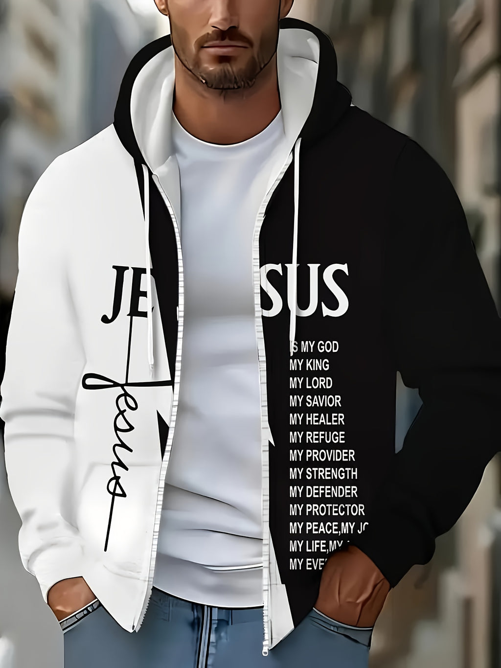 Christian Faith Zip-Up Hooded Sweatshirt with Jesus is My God & Bible Verse Back Print - Full-Zip Front Closure, Casual Church Wear, Men's & Women's Religious Apparel, Machine Washable Full-Zip Hoodie for Everyday Faith Expre - The Superior Findings Depot