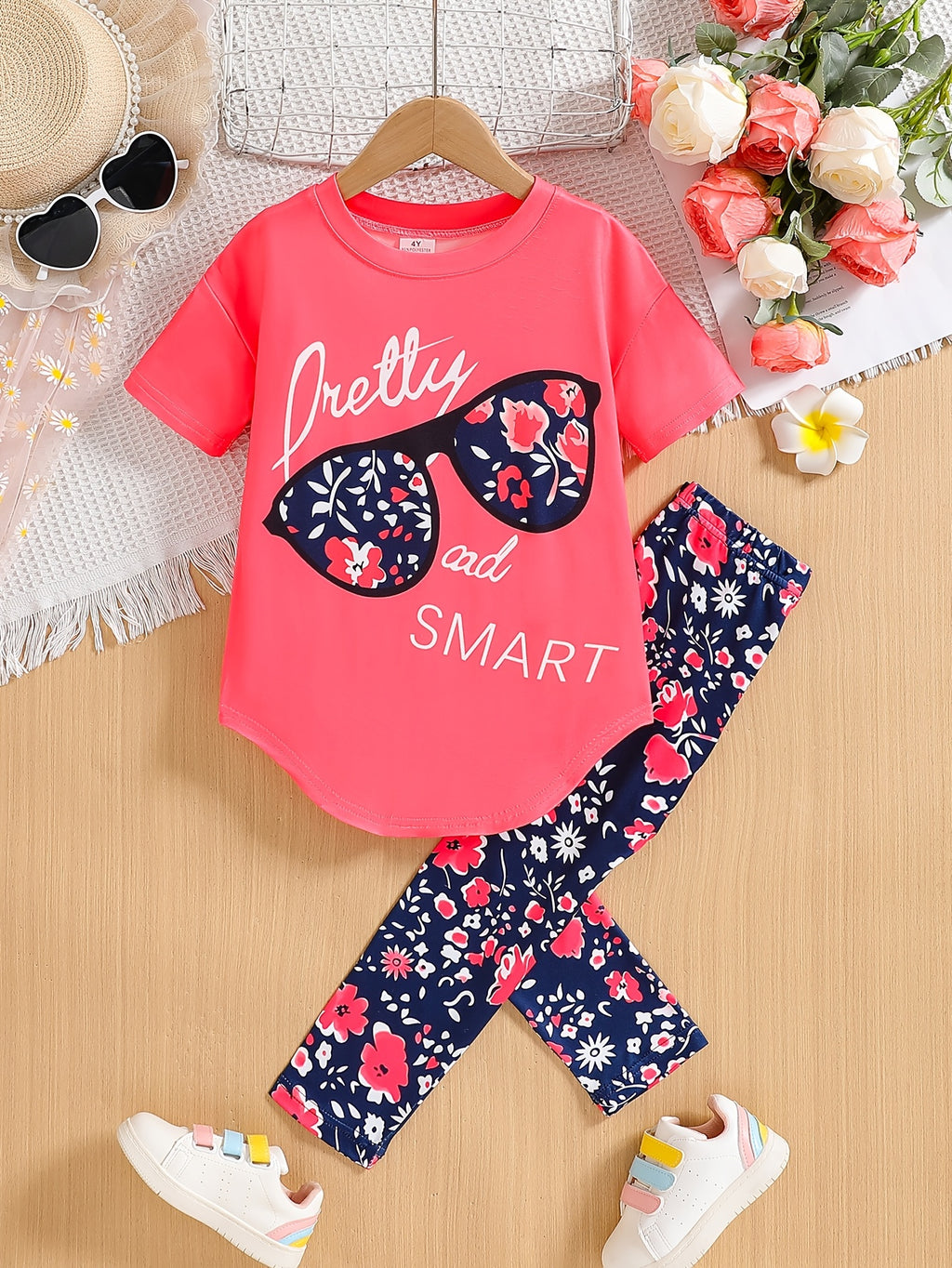 2pcs Girls' Clothing Party Slogan Large Glasses Print Pattern Drop Shoulder Irregular Hem Design Loose Short Sleeve T-Shirt + Floral Print Skinny Nine-Tenths Bottoms Set Girls' Summer Outfit Holiday Gift Girls' Fashion Casual - The Superior Findings Depot