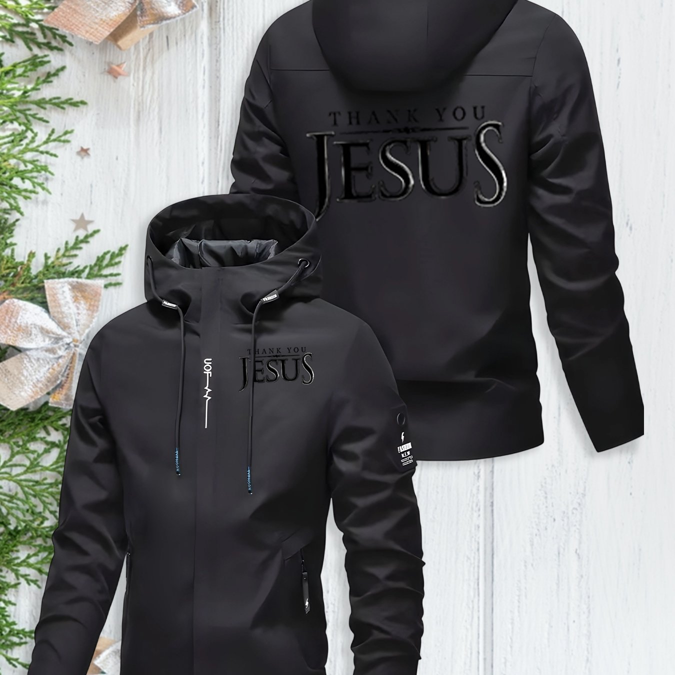 Men's Heavy-Duty Windproof Hooded Jacket with Jesus Logo & Bible Verse Print - Full-Zip Winter Coat, Golden-Tone Religious Design, Machine Washable Warm Outerwear for Church Events, Christmas Gifts (Full Back Print) - The Superior Findings Depot