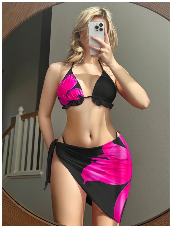 Women'S Black & Pink Floral Print Bikini Set with Ruffled Straps and Bow Detail - High-Stretch Polyester, Sleeveless Swimsuit for Beach or Pool, Beach Swimsuit|Floral Print Bikini|Polyester Fabric - The Superior Findings Depot