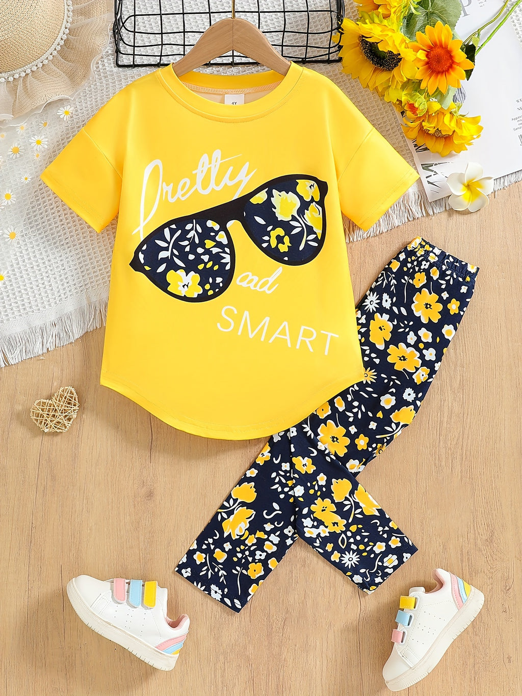 2pcs Girls' Clothing Party Slogan Large Glasses Print Pattern Drop Shoulder Irregular Hem Design Loose Short Sleeve T-Shirt + Floral Print Skinny Nine-Tenths Bottoms Set Girls' Summer Outfit Holiday Gift Girls' Fashion Casual - The Superior Findings Depot