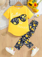 2pcs Girls' Clothing Party Slogan Large Glasses Print Pattern Drop Shoulder Irregular Hem Design Loose Short Sleeve T-Shirt + Floral Print Skinny Nine-Tenths Bottoms Set Girls' Summer Outfit Holiday Gift Girls' Fashion Casual - The Superior Findings Depot