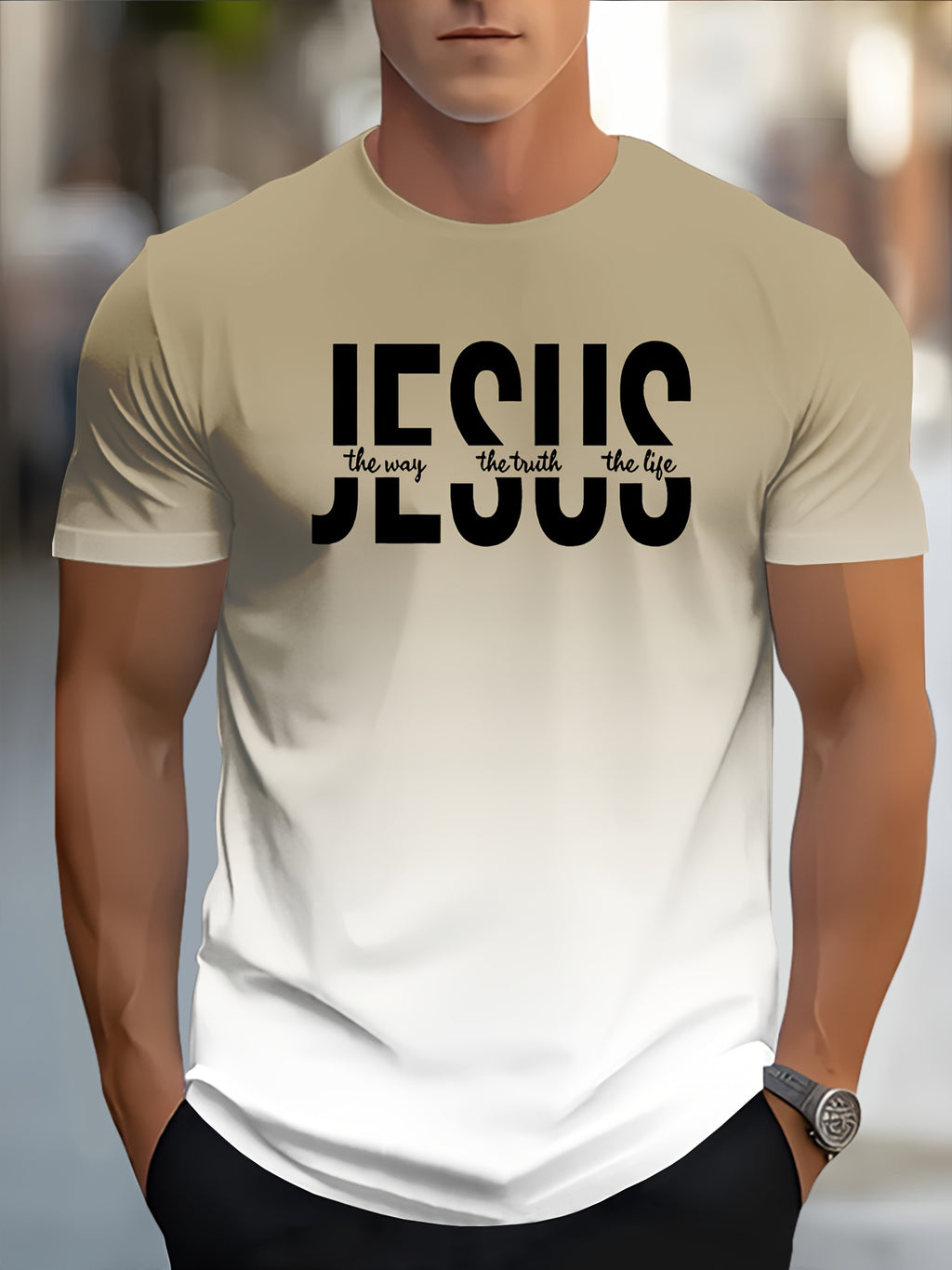 Men's Short Sleeve T-Shirt with Bold "JESUS THE WAY TRUTH LIFE" Print - Green & White Gradient Casual Round Neck Tee, Machine Washable Regular Fit Religious Graphic Top - The Superior Findings Depot