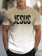 Men's Short Sleeve T-Shirt with Bold "JESUS THE WAY TRUTH LIFE" Print - Green & White Gradient Casual Round Neck Tee, Machine Washable Regular Fit Religious Graphic Top - The Superior Findings Depot