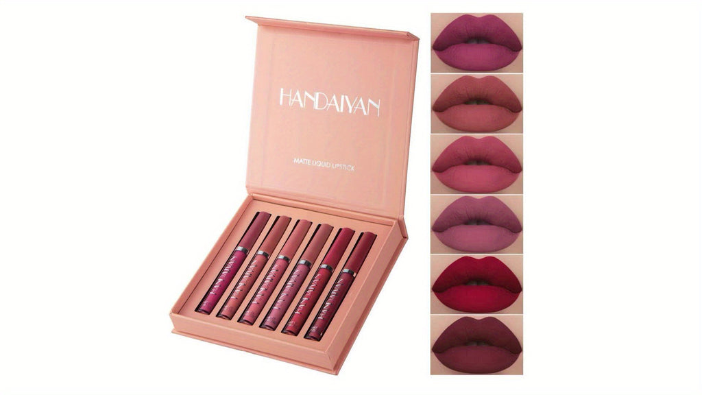 6pcs HANDAIYAN Matte Liquid Lipstick Set - Waterproof Long-Lasting Full Coverage Lip Gloss, Non-Stick Formula with 6 Shades (, Nude, Burgundy, Deep, Plum,) - Lip Tint Kit for  Lips & All Light Types - The Superior Findings Depot