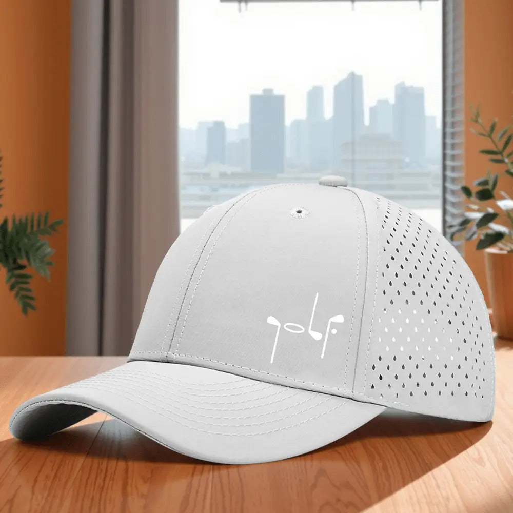 Golf-Themed 6-Panel Cap with Laser Hole Mesh Back, Quick-Dry Breathable Golf Ball & Club Print Hat, Lightweight Adjustable Buckle - 6 Colors (Black/White) for All-Season Outdoor Play, Casual Sportswear for Golfers.wov