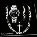 4pcs Men's Cool Trendy Silvery Watch + Chain Accessory Set, Quartz Movement, Zinc Alloy Case & Strap, Electronic Drive, Non-Rechargeable Battery, Round Dial, Pointer Display, Sports Style, Suitable for Him on Anniversary Birt - The Superior Findings Depot