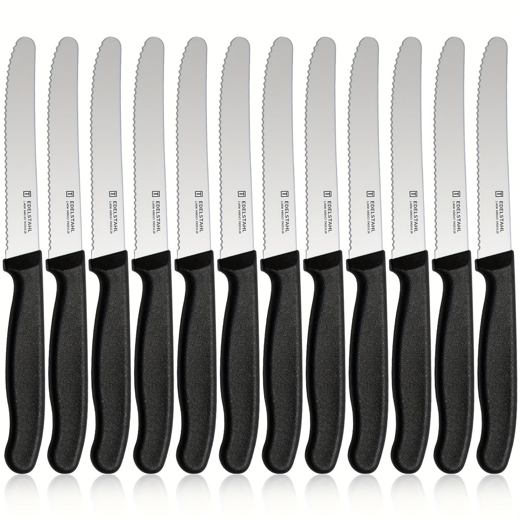 12-Piece Tomato Knife, Snack Knife, Sharp Blade, Corrugated Cut, Breakfast Knife, High Quality Stainless Steel Table Knife, Durable Bread Knife, Sharp Knife, Dishwasher Safe(Black handle) - The Superior Findings Depot