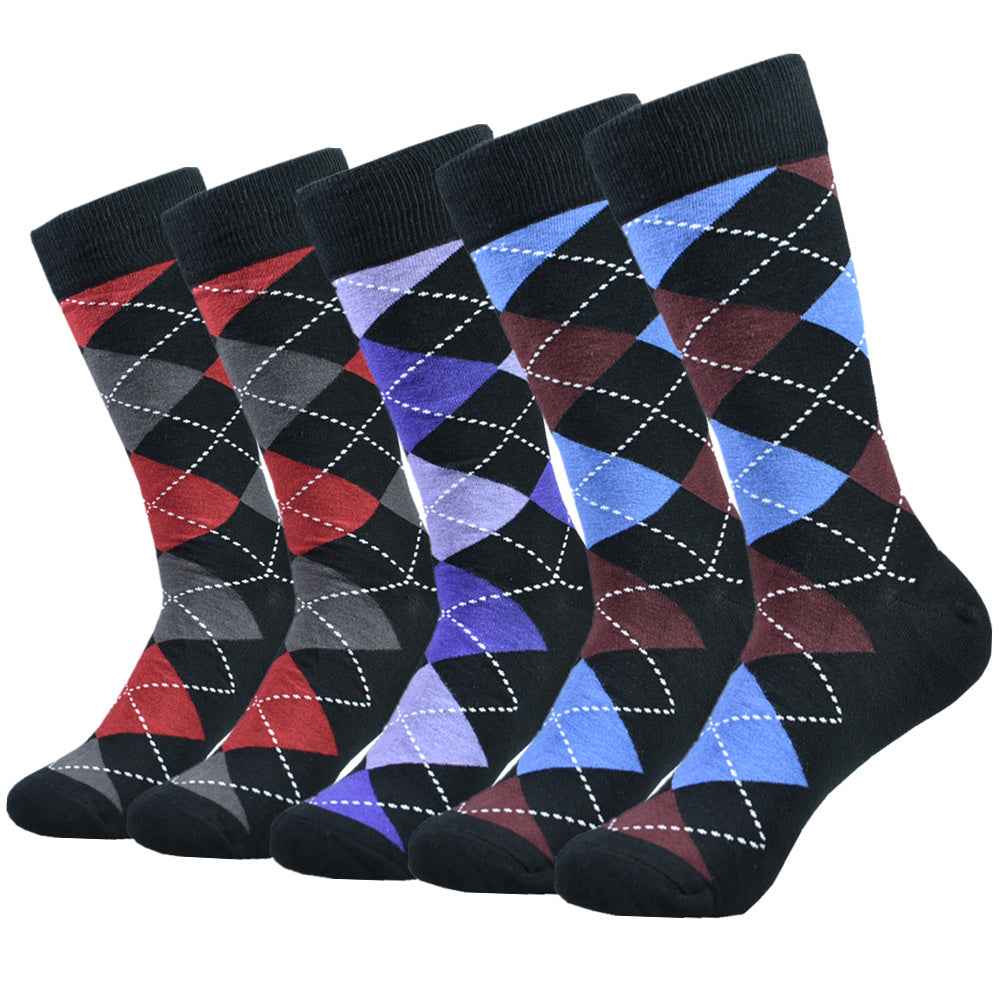 5pairs Men's Cotton Argyle Color Block Soft Crew Socks, Men's Business Socks, Multicolor Set - The Superior Findings Depot