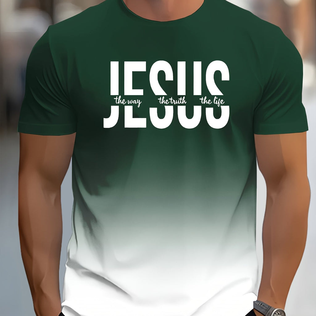 Men's Short Sleeve T-Shirt with Bold "JESUS THE WAY TRUTH LIFE" Print - Green & White Gradient Casual Round Neck Tee, Machine Washable Regular Fit Religious Graphic Top - The Superior Findings Depot