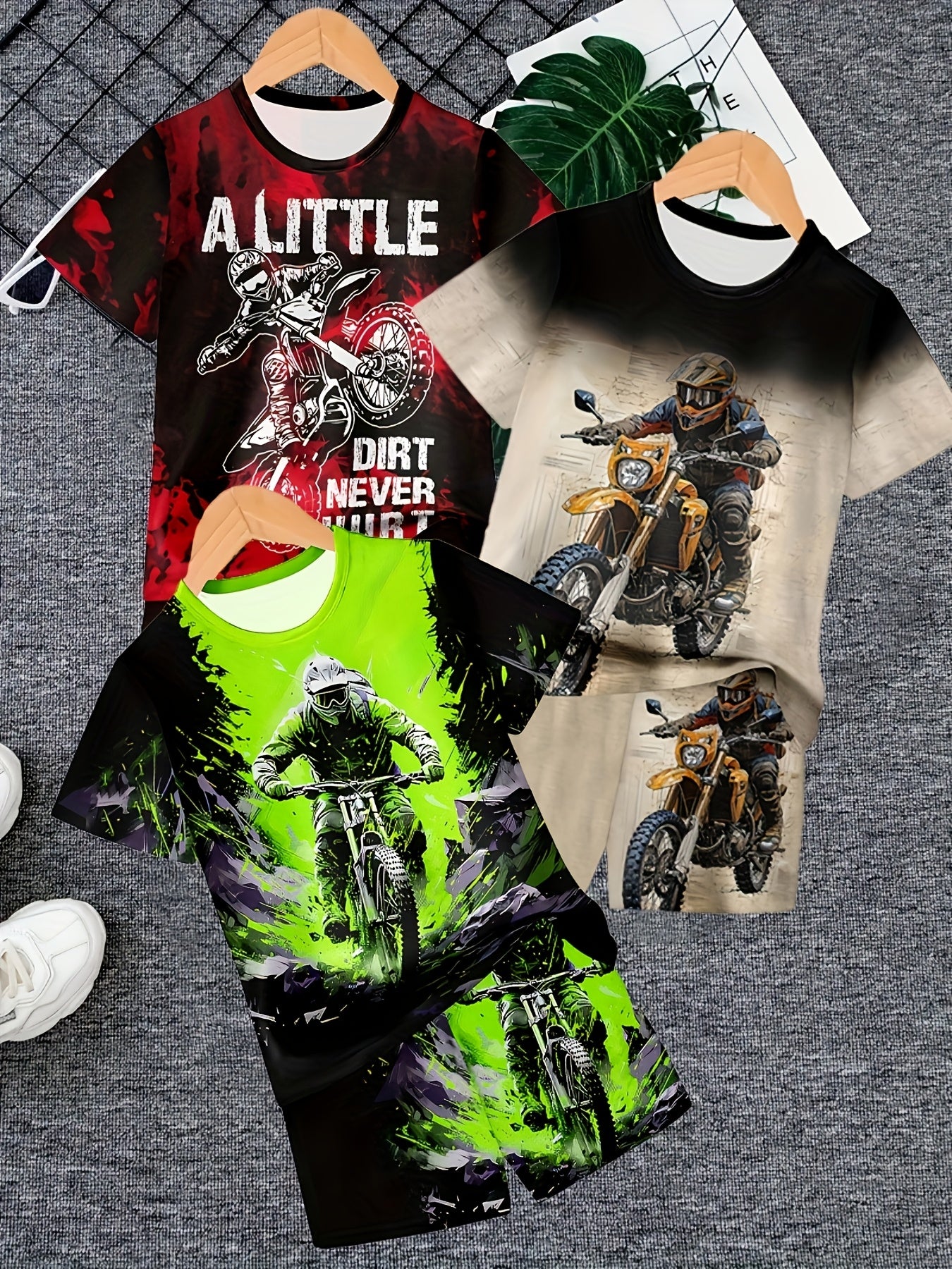 6pcs Boys' Cool Off-Road Motorcycle 3D Print T-Shirt & Shorts Set