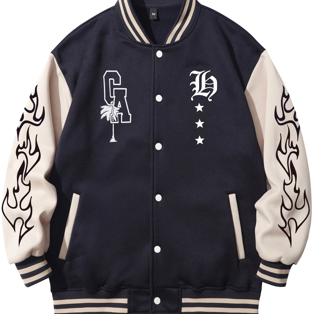 Warm Letter Print Star Pattern Embroidery Varsity Jacket, Men's Casual Color Block Button Up Jacket For Spring Fall School Baseball - The Superior Findings Depot