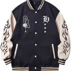 Warm Letter Print Star Pattern Embroidery Varsity Jacket, Men's Casual Color Block Button Up Jacket For Spring Fall School Baseball - The Superior Findings Depot