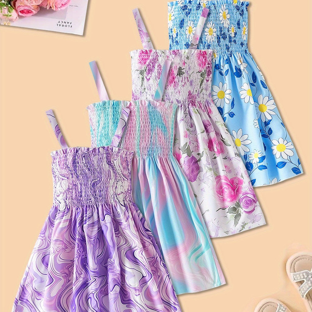 4pcs Girls' Floral Print Sleeveless Dresses - Off-Shoulder Princess Party Dresses with Ruffled Skirts, Light Blue & Pink Floral Patterns, Perfect for Summer Events, Princess Dresses for Girls, Event Attire, Offshoulder Design - The Superior Findings Depot