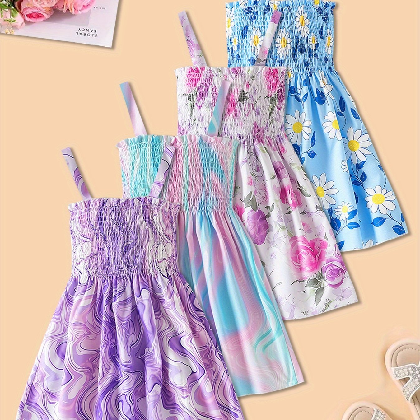 4pcs Girls' Floral Print Sleeveless Dresses - Off-Shoulder Princess Party Dresses with Ruffled Skirts, Light Blue & Pink Floral Patterns, Perfect for Summer Events, Princess Dresses for Girls, Event Attire, Offshoulder Design - The Superior Findings Depot