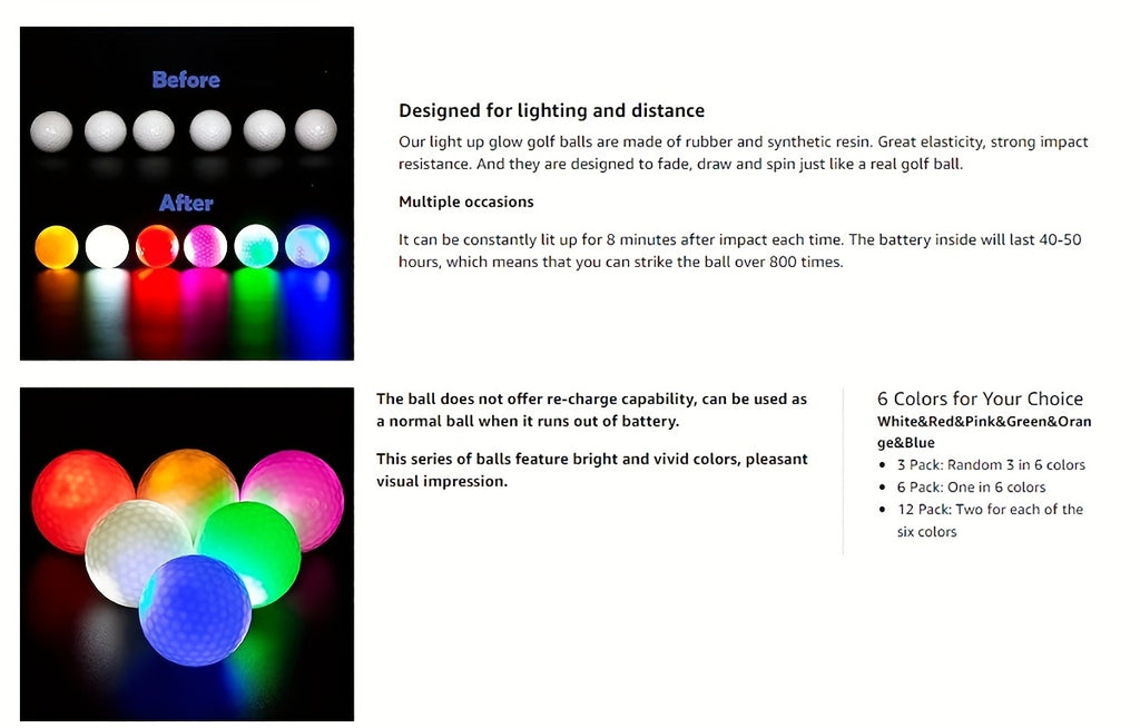 Glow Dark Golf Balls - 3/6/12pcs Resettable Time LED Luminous