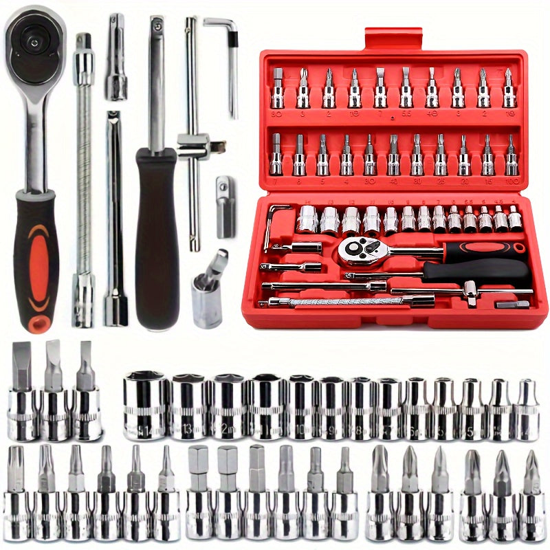 46pcs Car Repair Tool Kit, 1/4 Inch Ratchet Wrench Set with Versatile Bit Socket Set And Extension Bar, Combo Tools Kit, for Car, Motorcycle & Bicycle Repair - The Superior Findings Depot