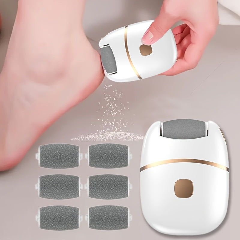 Rechargeable Electric Foot Exfoliator with 6 Replaceable Heads for Dead Skin Removal and Polishing, USB Powered, Ergonomic Handle in White and Golden - The Superior Findings Depot