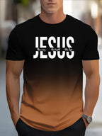 Men's Short Sleeve T-Shirt with Bold "JESUS THE WAY TRUTH LIFE" Print - Green & White Gradient Casual Round Neck Tee, Machine Washable Regular Fit Religious Graphic Top - The Superior Findings Depot