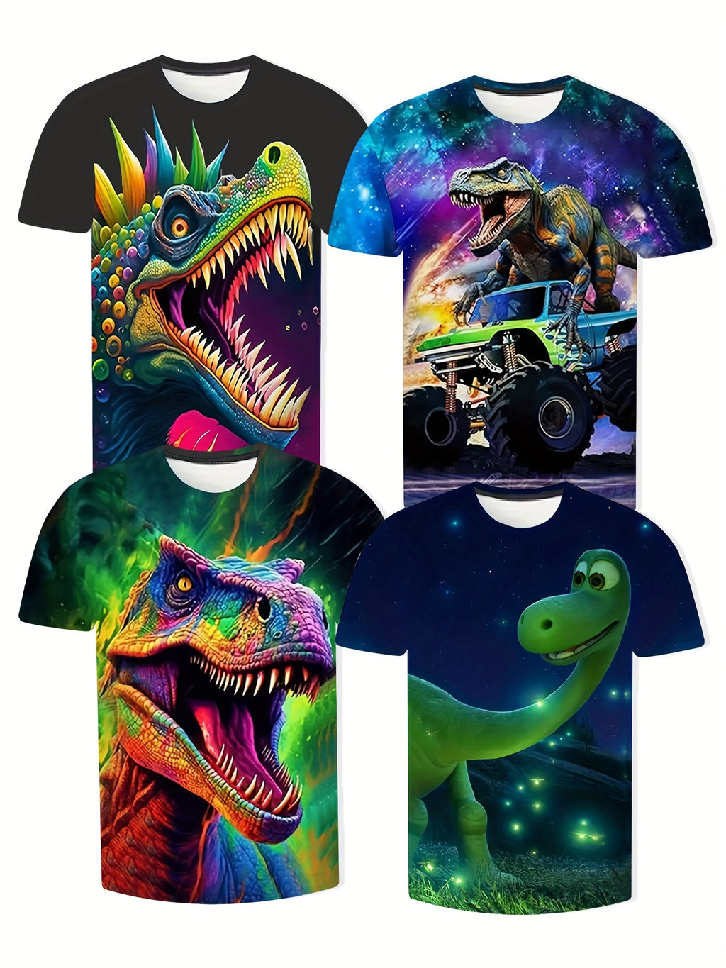 [Cool Dinosaur Tee] 4pcs Cool Dinosaur 3D Print Boys T-shirt | Casual Lightweight Comfy Short Sleeve Tee Tops | Boys Clothes For Summer - The Superior Findings Depot