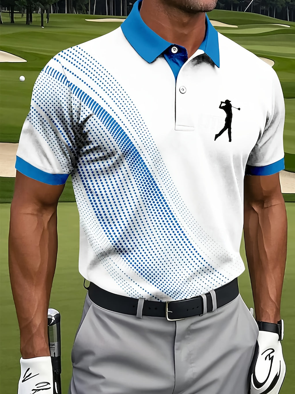 Men'S Classic White & Blue Polo Shirt with 3D Golf Ball Print - Breathable Summer Casual Wear, Regular Fit, Button-Up Collar, Lightweight Fabric for Golf, Park & Casual Attire, Golf Shirt, Park Attire, Sporty Style, Comfortab
