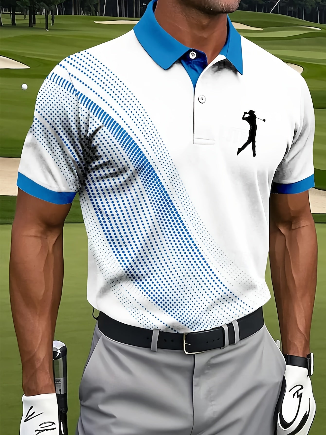 Men'S Classic White & Blue Polo Shirt with 3D Golf Ball Print - Breathable Summer Casual Wear, Regular Fit, Button-Up Collar, Lightweight Fabric for Golf, Park & Casual Attire, Golf Shirt, Park Attire, Sporty Style, Comfortab