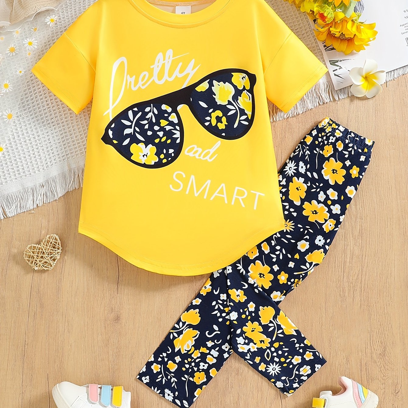 2pcs Girls' Clothing Party Slogan Large Glasses Print Pattern Drop Shoulder Irregular Hem Design Loose Short Sleeve T-Shirt + Floral Print Skinny Nine-Tenths Bottoms Set Girls' Summer Outfit Holiday Gift Girls' Fashion Casual - The Superior Findings Depot