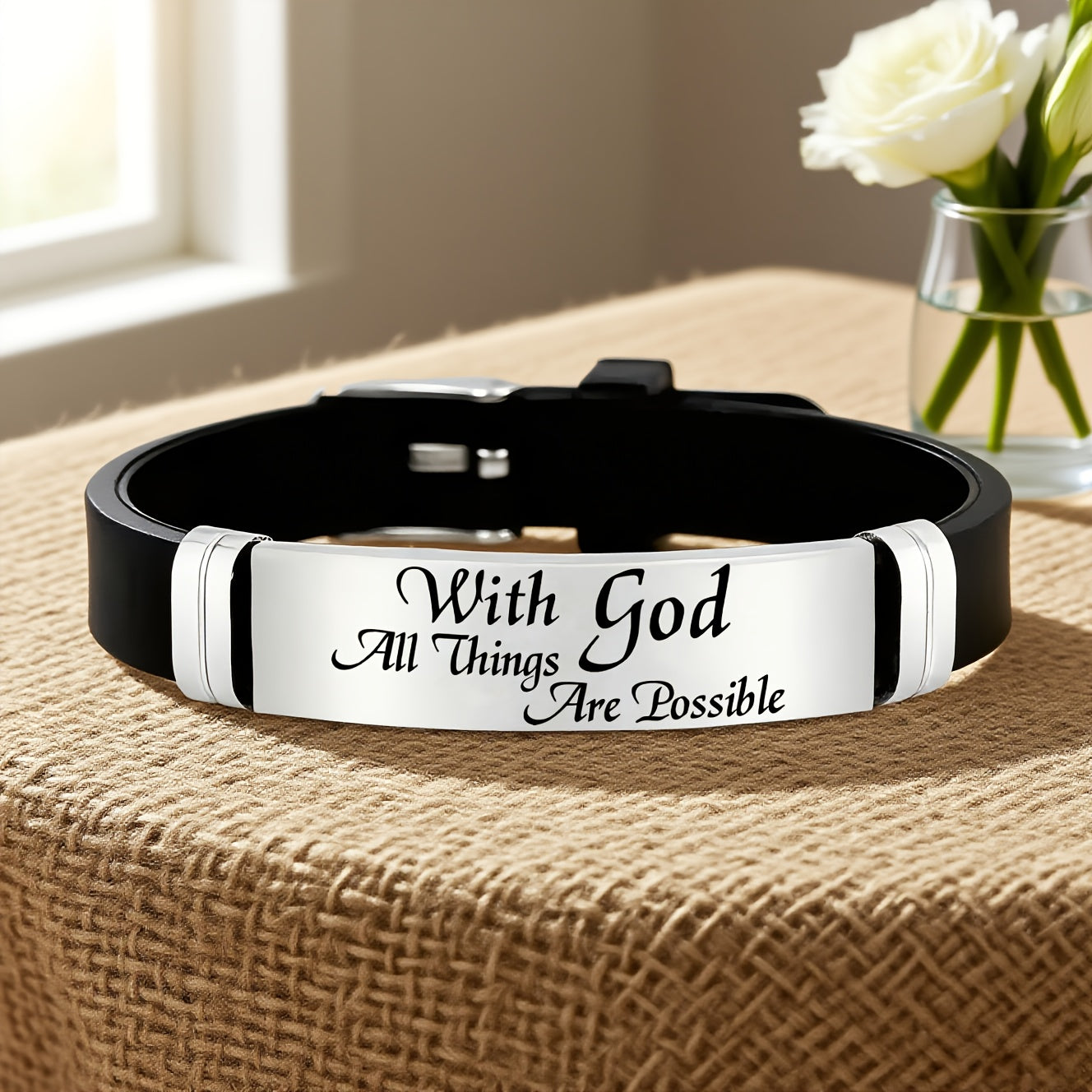 Stainless Steel Silicone Bracelet, Personal Faith Accessory, Elegant Font Design, 'With You, Anything is Possible', 202 - The Superior Findings Depot