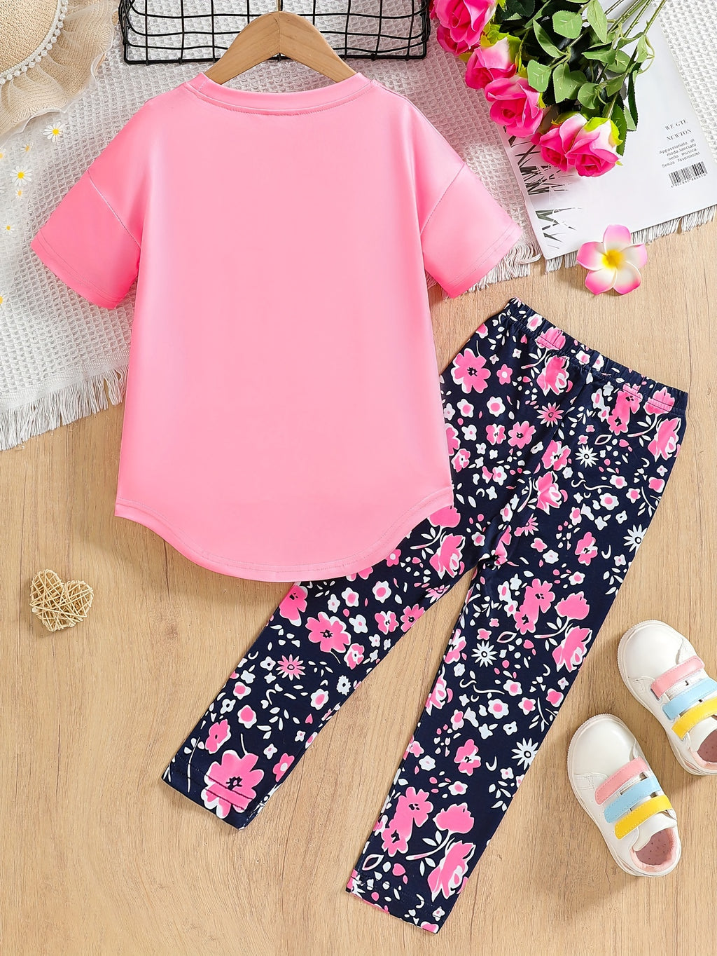 2pcs Girls' Clothing Party Slogan Large Glasses Print Pattern Drop Shoulder Irregular Hem Design Loose Short Sleeve T-Shirt + Floral Print Skinny Nine-Tenths Bottoms Set Girls' Summer Outfit Holiday Gift Girls' Fashion Casual - The Superior Findings Depot