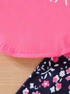 2pcs Girls' Clothing Party Slogan Large Glasses Print Pattern Drop Shoulder Irregular Hem Design Loose Short Sleeve T-Shirt + Floral Print Skinny Nine-Tenths Bottoms Set Girls' Summer Outfit Holiday Gift Girls' Fashion Casual - The Superior Findings Depot