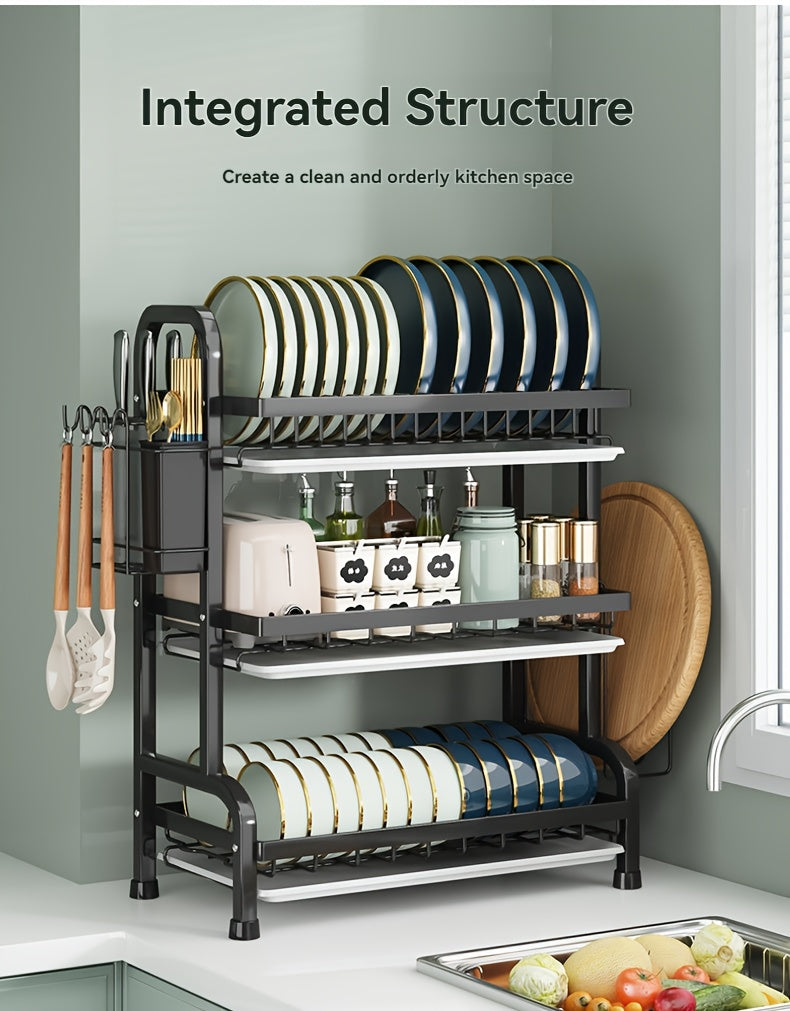 2025 Two/Three-Tier Carbon Steel Dish Rack with Drain Board, Cutlery Holder and Cup Hook - Space-Saving for Kitchen Countertop Storage - Black, No Electricity Required, Dish Drying Rack | Smooth Black Surface | Durable Kitche - The Superior Findings Depot