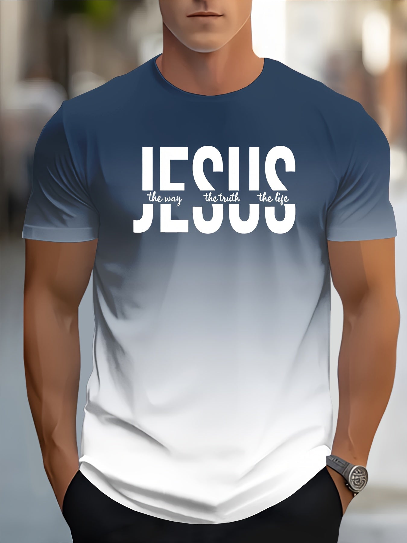 Men's Short Sleeve T-Shirt with Bold "JESUS THE WAY TRUTH LIFE" Print - Green & White Gradient Casual Round Neck Tee, Machine Washable Regular Fit Religious Graphic Top - The Superior Findings Depot