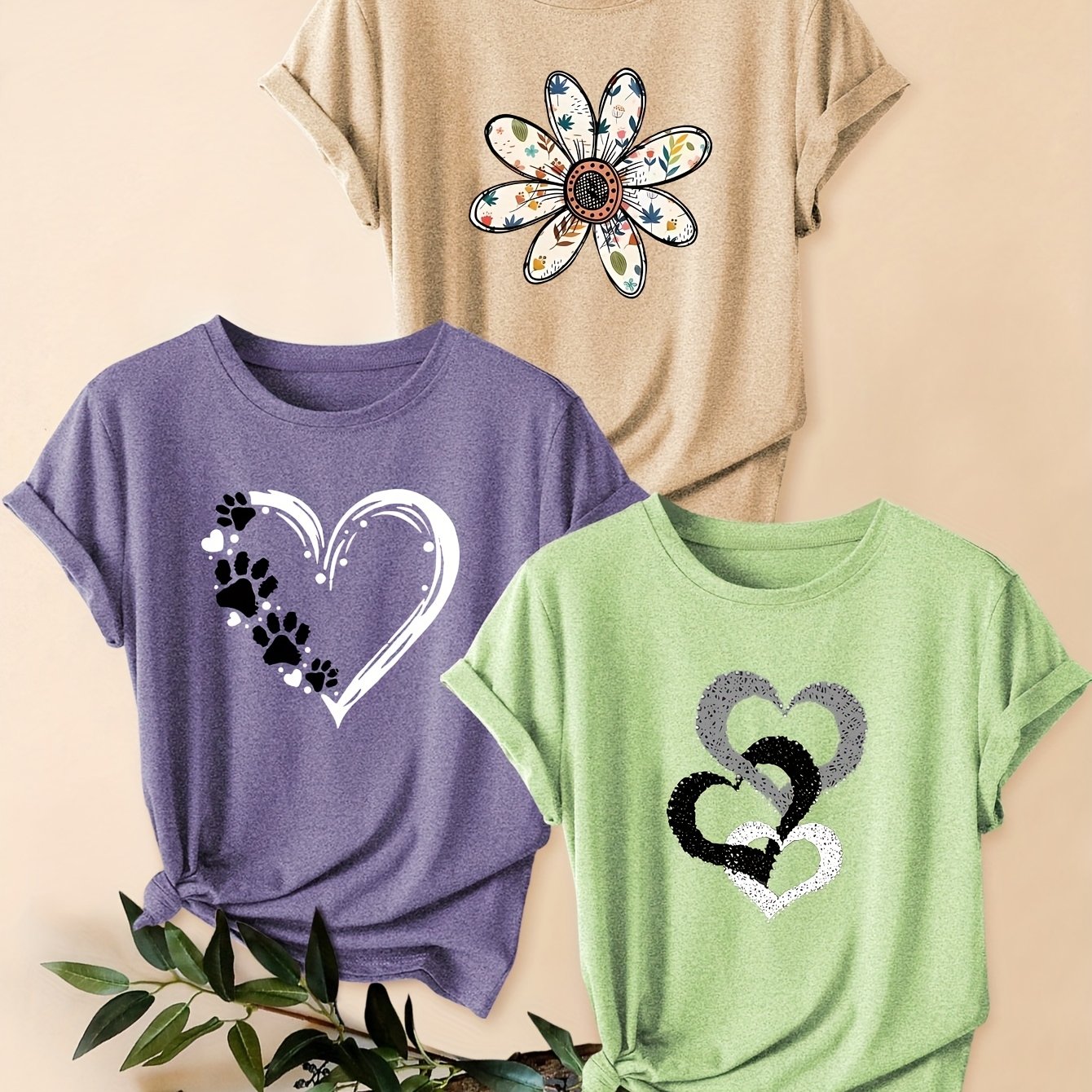3pcs Women's Vintage-Inspired Graphic Tees - Floral & Heart Print Casual Short Sleeve T-Shirts, Soft Stretch Round Neck Tops for Spring Summer Fall,, Teal & Lavender, Seasonal Fashion, Artistic Design, Lightweight Tee, Printe - The Superior Findings Depot