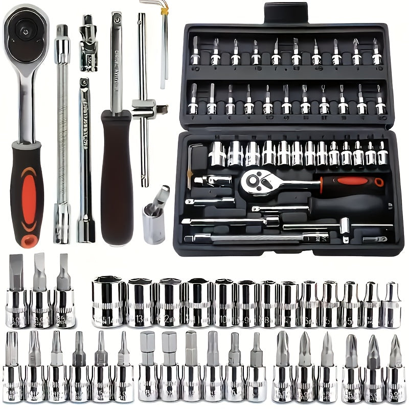 [Mechanical Tool Socket Set] 216/46pcs Mechanical Tool Socket Set, 1/2” 1/4” 3/8” Drive SAE and Metric Sizes, Universal Ratchet Wrench Kit with 72-Tooth Ratchets for Automotive, Home, Garage, Bicycle Trunk Use - The Superior Findings Depot