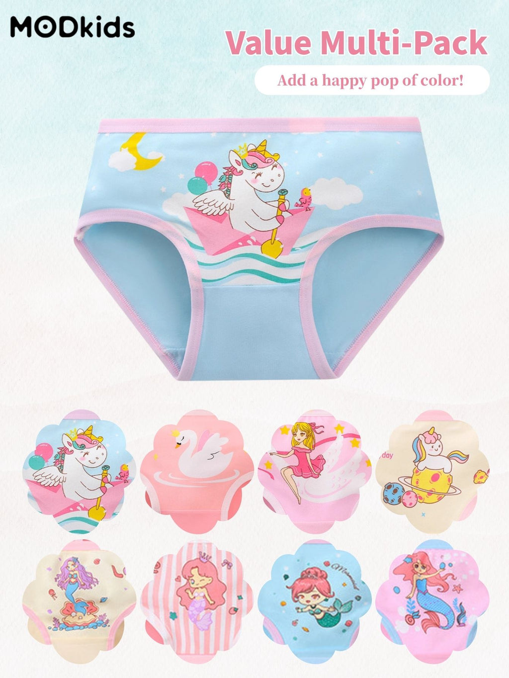 8-Pack Girls' Underwear - Pink Briefs Unicorn & Mermaid Print