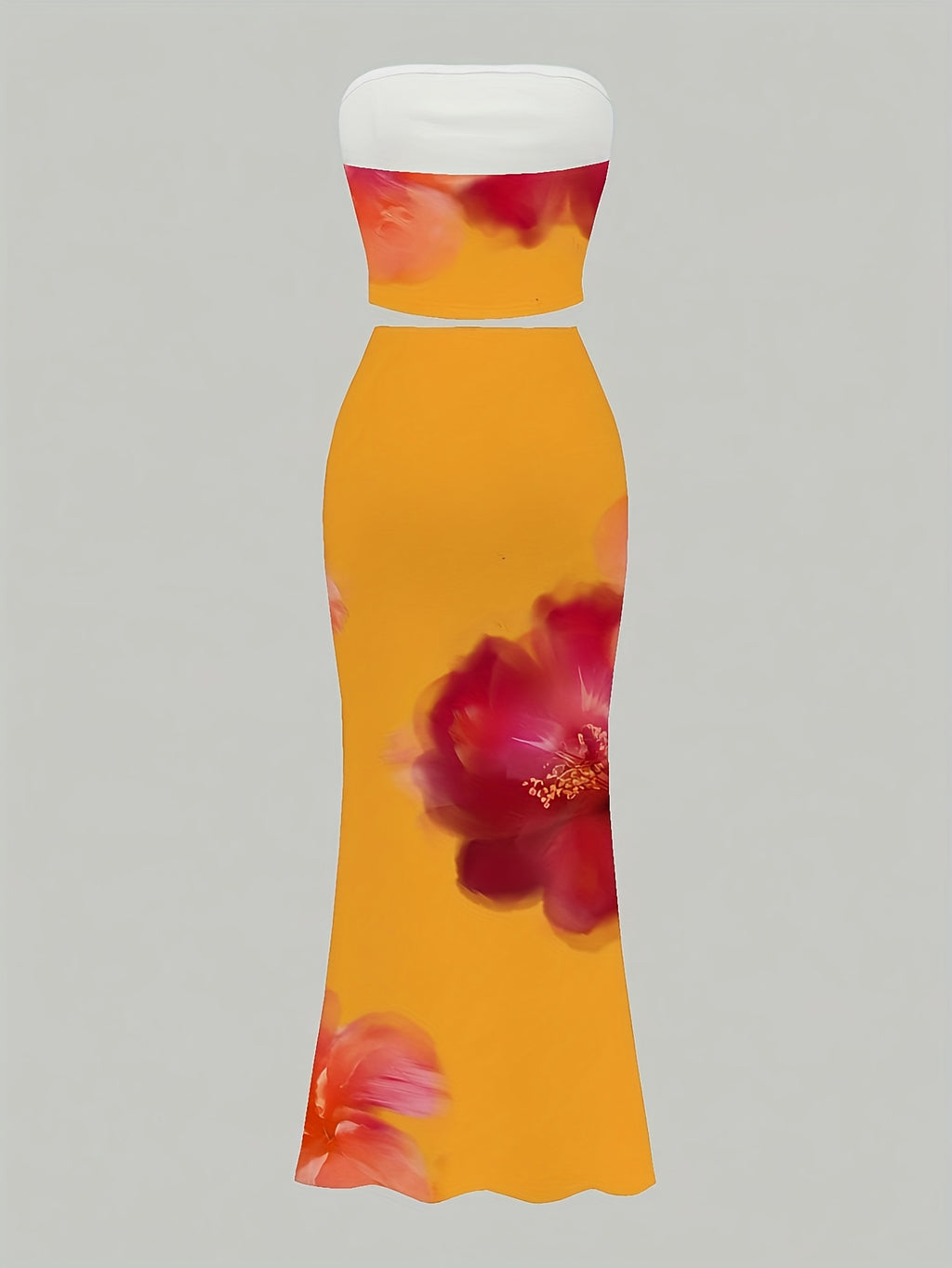 Women'S Elegant Off-Shoulder Floral Print Maxi Skirt Set - Vibrant Yellow with Pink & Orange Flowers, High-Waisted, Flowy Design, Perfect for Beach or Summer Outings, Beach Attire|Floral Print Skirt|Backless Skirt - The Superior Findings Depot