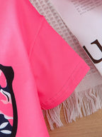 2pcs Girls' Clothing Party Slogan Large Glasses Print Pattern Drop Shoulder Irregular Hem Design Loose Short Sleeve T-Shirt + Floral Print Skinny Nine-Tenths Bottoms Set Girls' Summer Outfit Holiday Gift Girls' Fashion Casual - The Superior Findings Depot