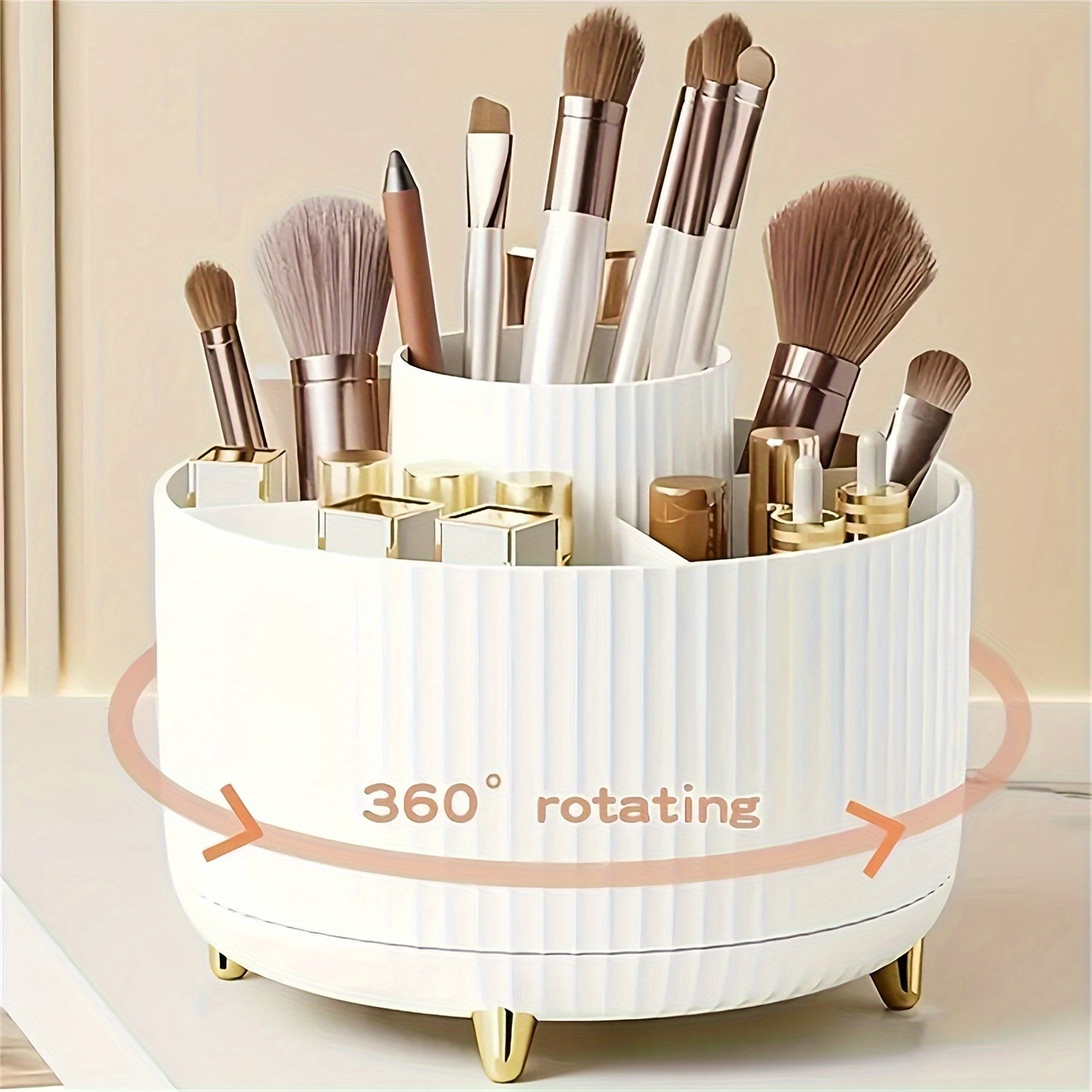 [5-Tier Rotating Organizer] 1pc ABERZEY 360° Rotating Makeup Organizer with 5-Tier Compartments - 360° Spinning Cosmetic & Desk Caddy, Durable Plastic White & Luxury Stripe Storage for Brushes, Lipsticks, Skincare, Statione - The Superior Findings Depot