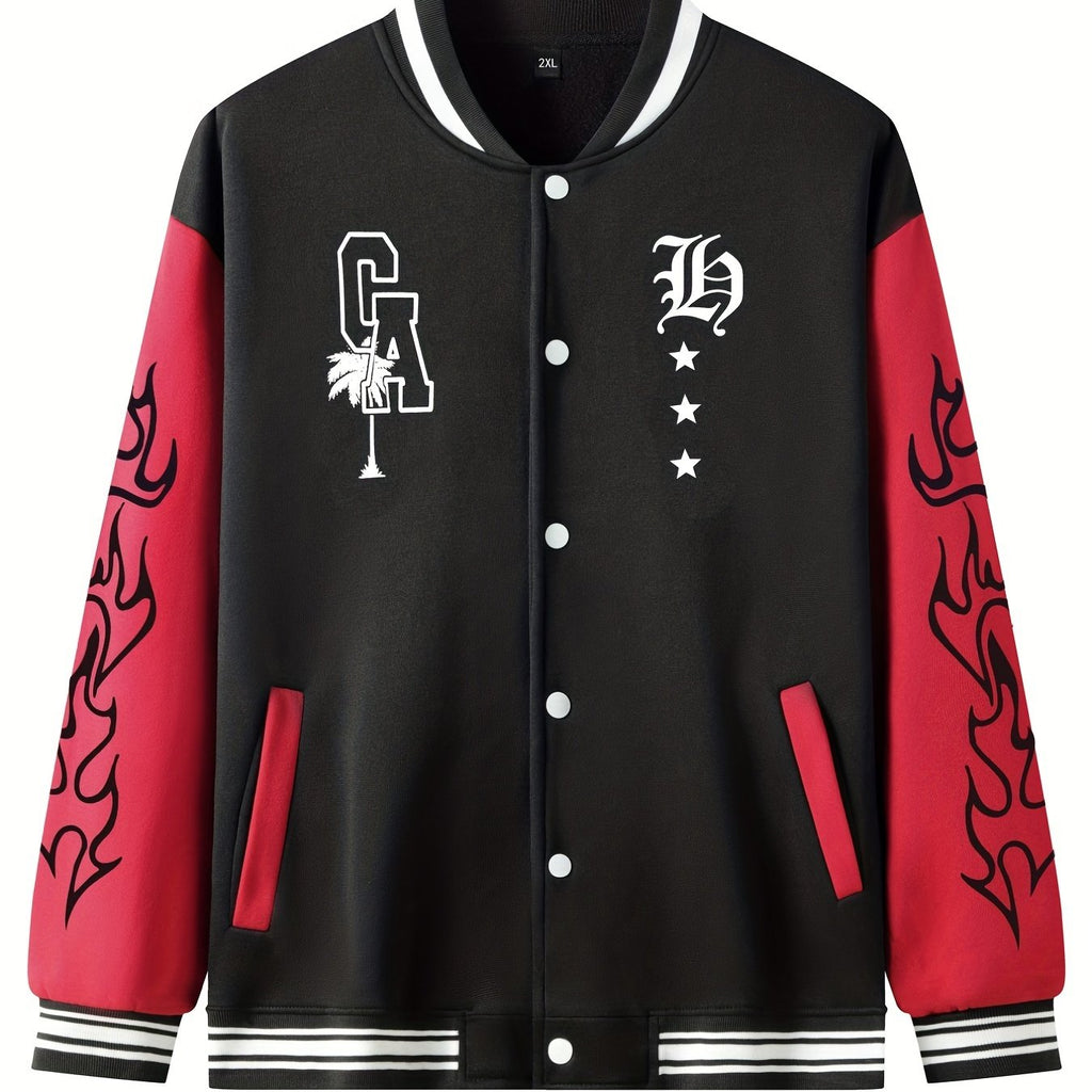 Warm Letter Print Star Pattern Embroidery Varsity Jacket, Men's Casual Color Block Button Up Jacket For Spring Fall School Baseball - The Superior Findings Depot