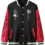 Warm Letter Print Star Pattern Embroidery Varsity Jacket, Men's Casual Color Block Button Up Jacket For Spring Fall School Baseball - The Superior Findings Depot