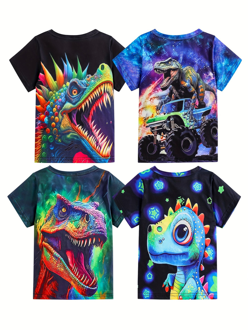 Boys' Summer Four-Pack Dinosaur Print T-Shirts - Casual Crew Neck
