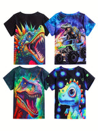 Boys' Summer Four-Pack Dinosaur Print T-Shirts - Casual Crew Neck